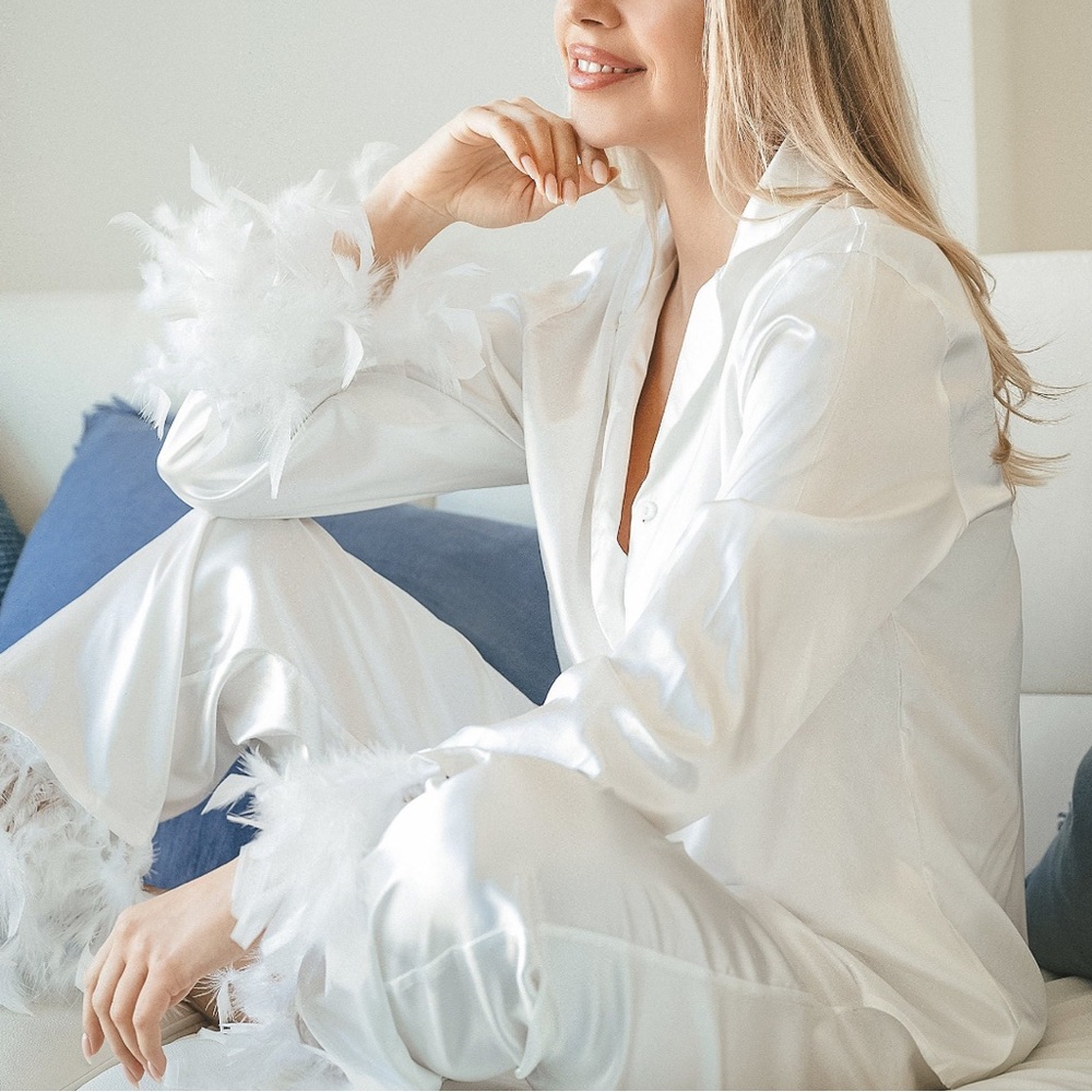 Satin Bridal Pajama Set, White, Size XS